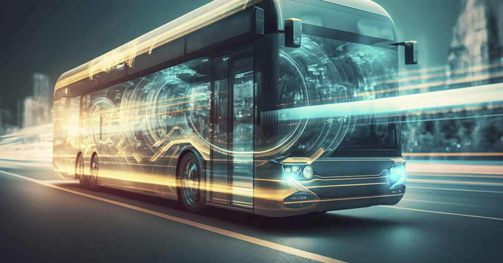 Futuristic electric bus with glowing propulsion rings rushing along a city street at night, suggesting advanced public transport.